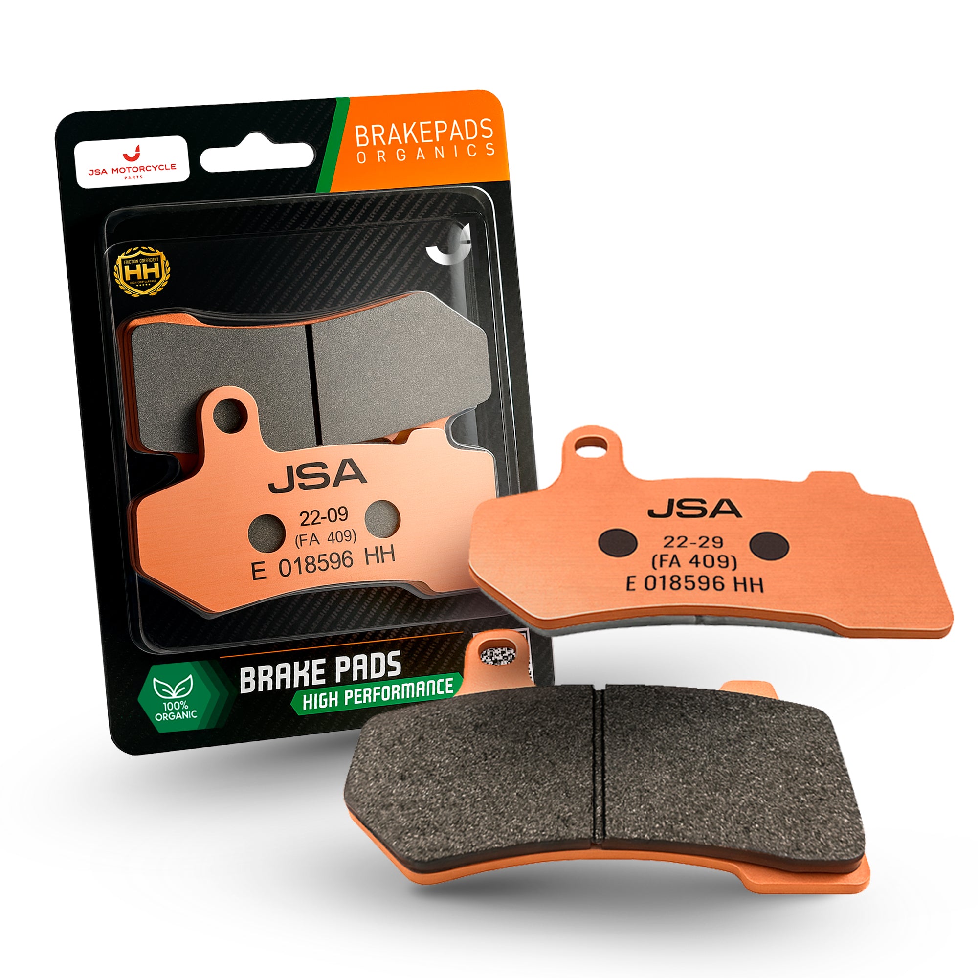 JSA Brake pads set, JSA 409, (Harley Davidson FLHR Road King F/R HH), JSA-E018596-409, Organic Friction Component, Copper-Plate