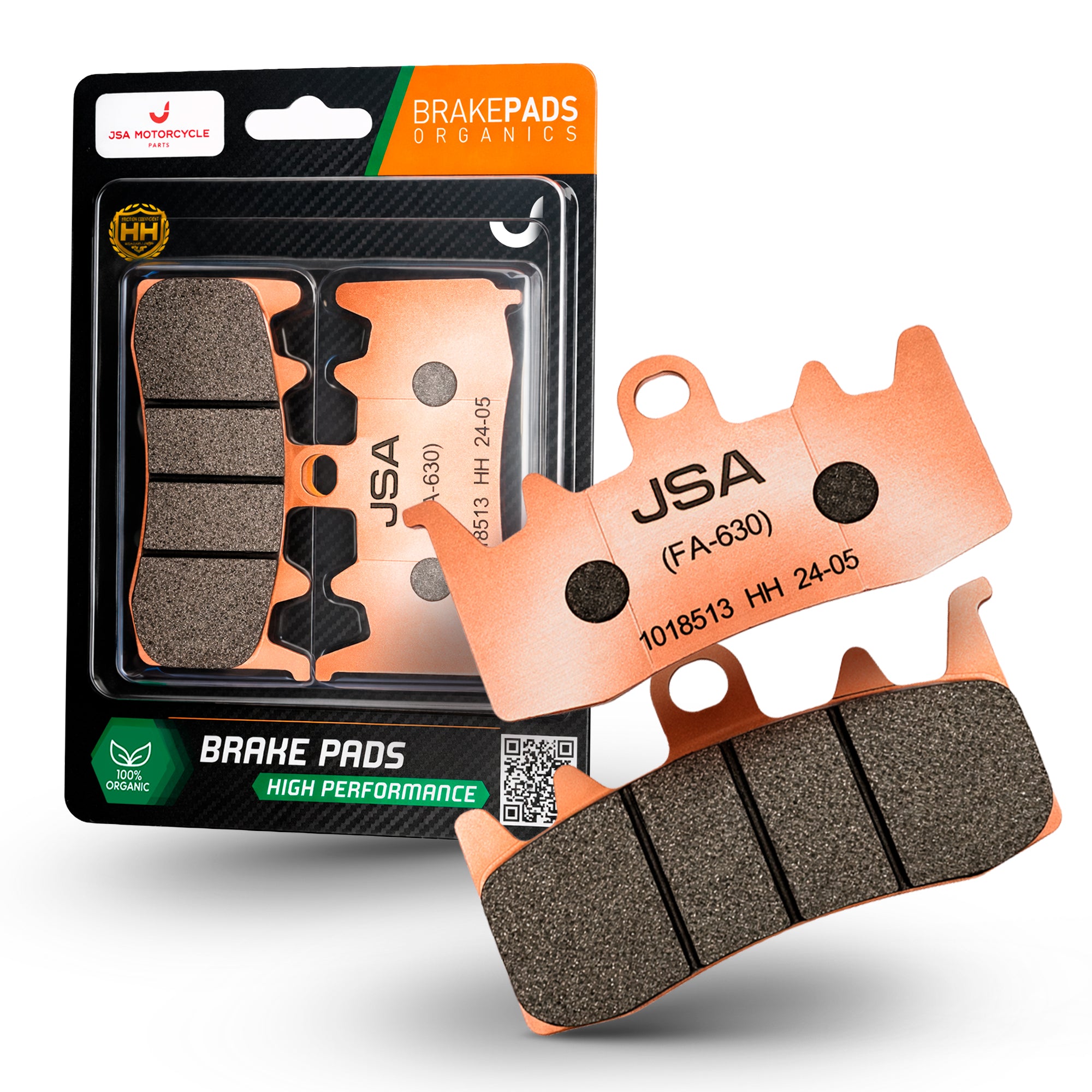 JSA Motorcycle Brake Pads Set, JSA 630, HH Double Aramid Compound, High Performance, Copper Plate.