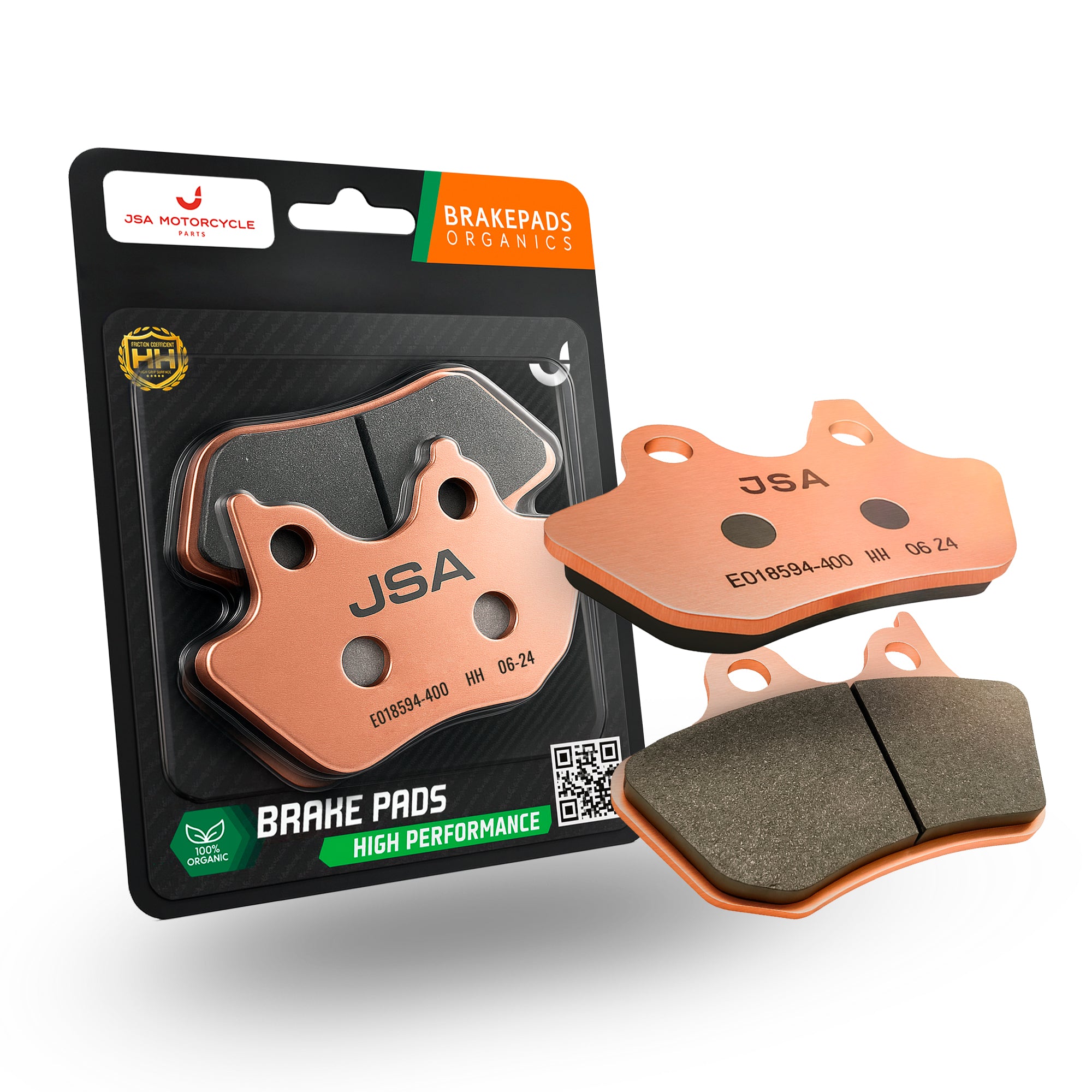 JSA Brake pads set, JSA 400, (Harley Davidson Street Glide F/R HH), JSA-E018594-400, Organic Friction Component, Copper-Plate