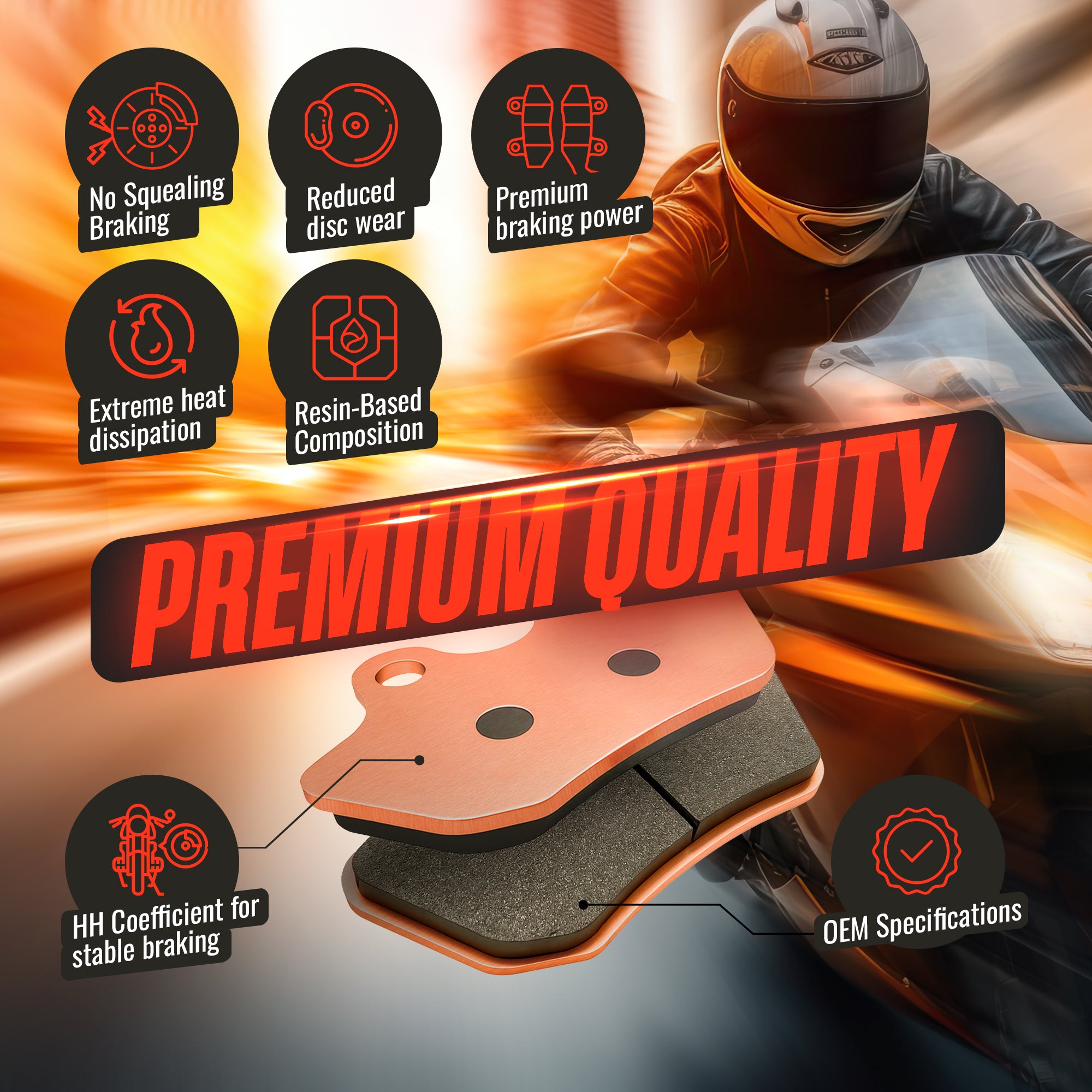 JSA Brake pads set, JSA 400, (Harley Davidson Street Glide F/R HH), JSA-E018594-400, Organic Friction Component, Copper-Plate
