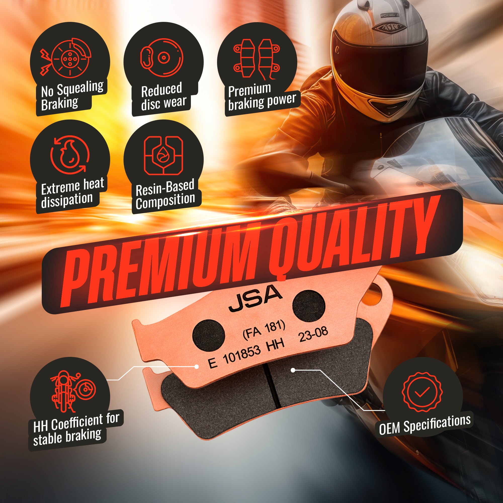 JSA Motorcycle Brake Pads Set, HH Double Aramid Compound, Copper Plate, JSA 181