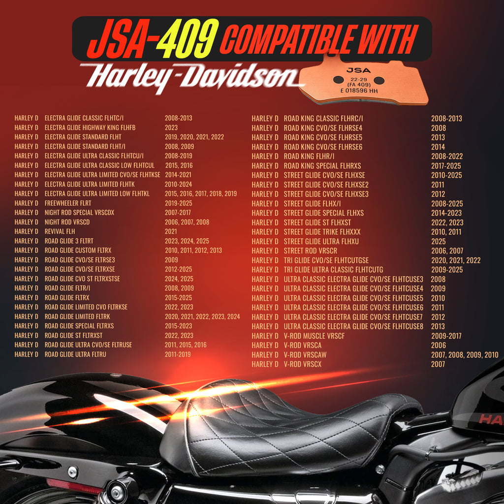 JSA Brake pads set, JSA 409, (Harley Davidson FLHR Road King F/R HH), JSA-E018596-409, Organic Friction Component, Copper-Plate