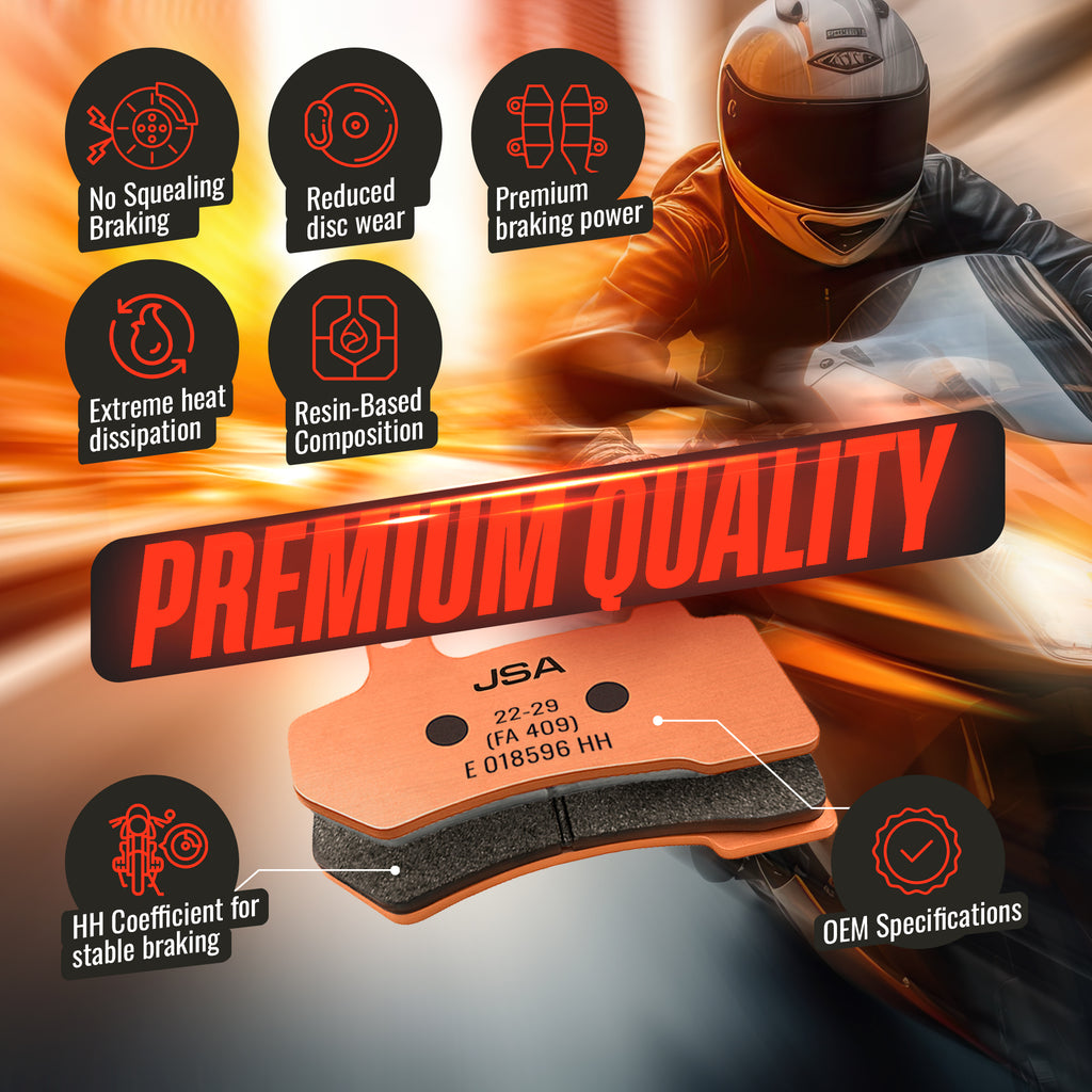 JSA Brake pads set, JSA 409, (Harley Davidson FLHR Road King F/R HH), JSA-E018596-409, Organic Friction Component, Copper-Plate
