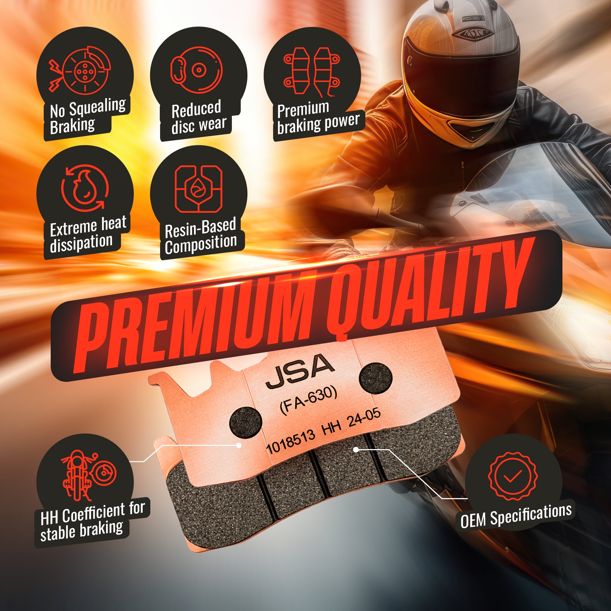 JSA Motorcycle Brake Pads Set, JSA 630, HH Double Aramid Compound, High Performance, Copper Plate.