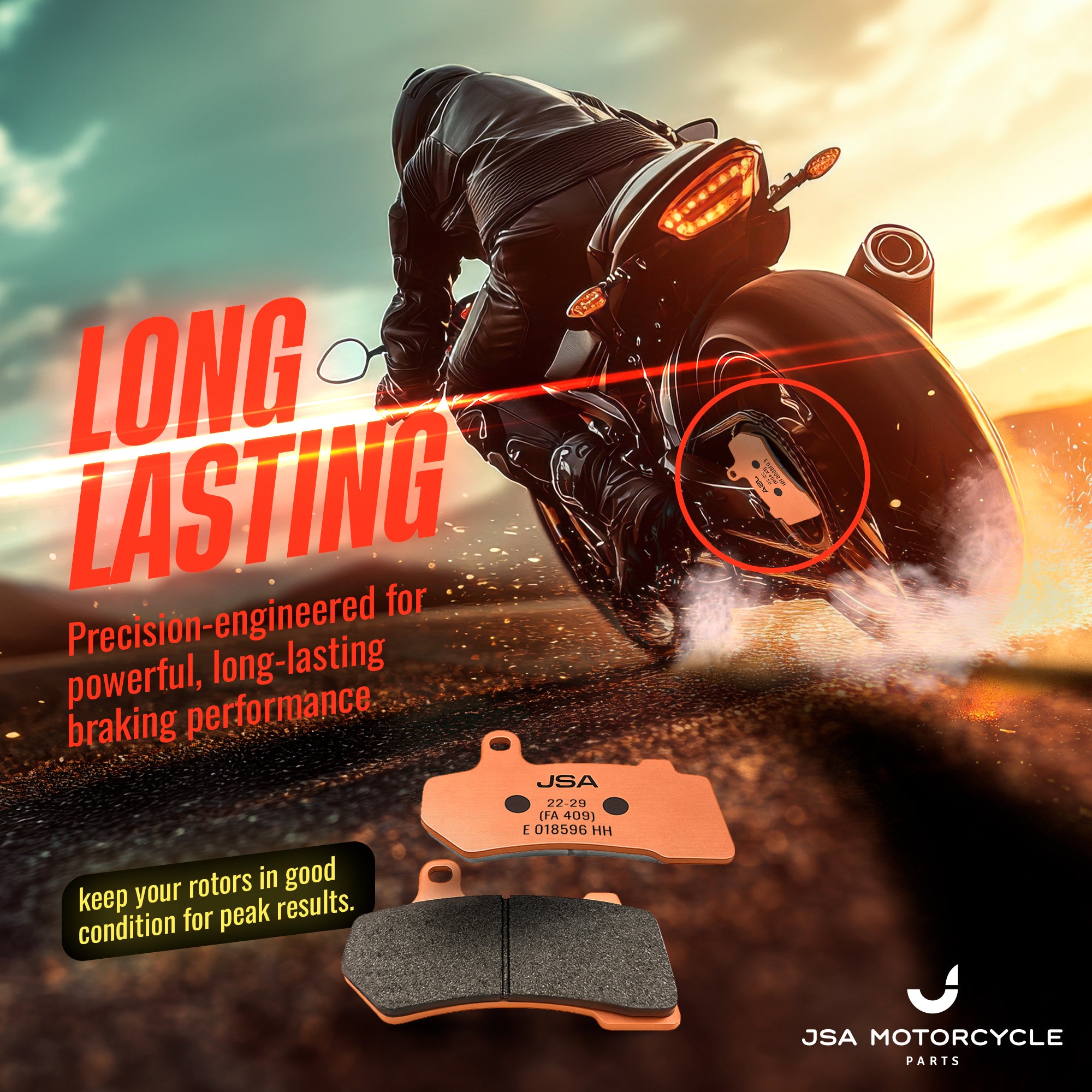 JSA Brake pads set, JSA 409, (Harley Davidson FLHR Road King F/R HH), JSA-E018596-409, Organic Friction Component, Copper-Plate